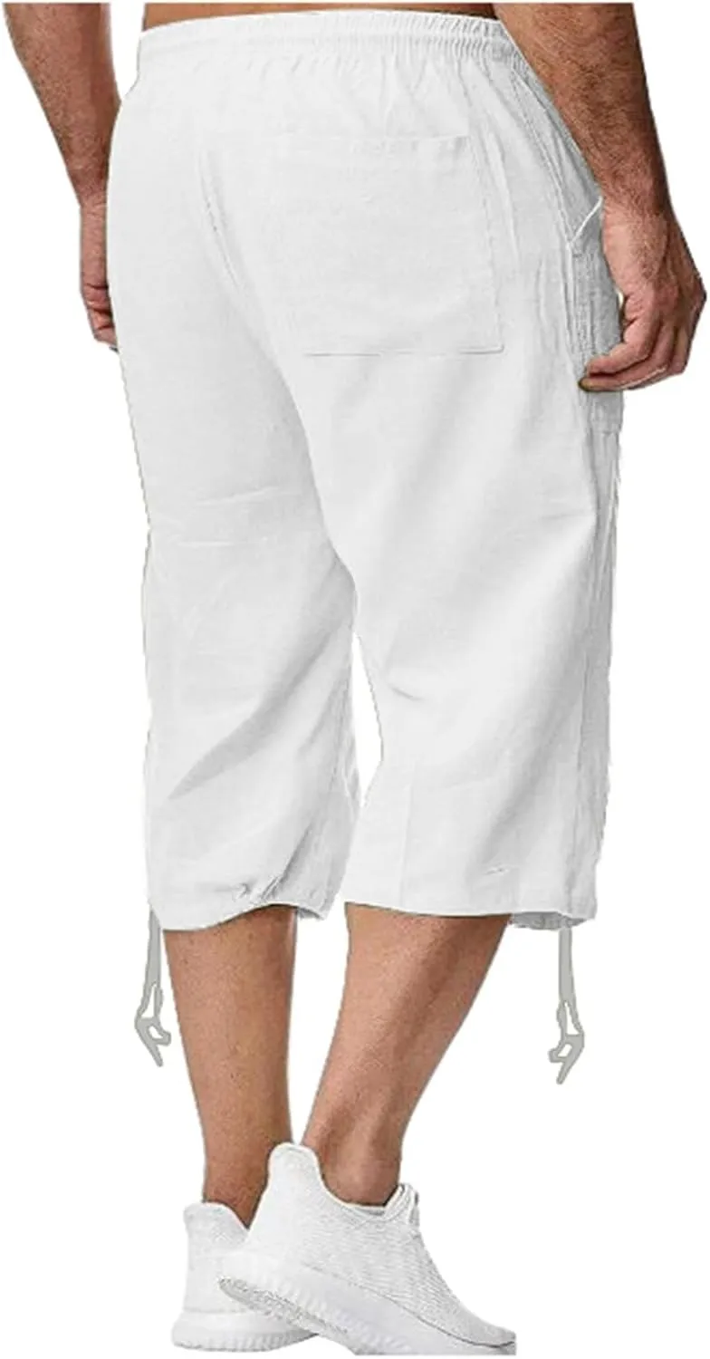 Mens Linen Capri Pants Casual Lightweight Trendy Drawstring Elastic Waist Short Pants Baggy 3/4 Beach Yoga Trousers