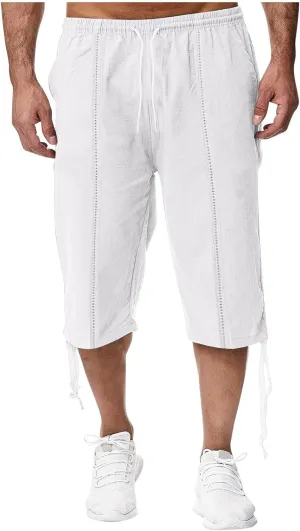 Mens Linen Capri Pants Casual Lightweight Trendy Drawstring Elastic Waist Short Pants Baggy 3/4 Beach Yoga Trousers