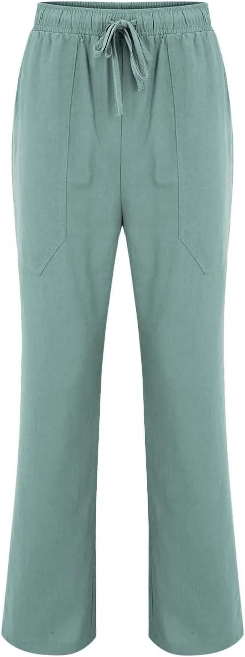 Mens Linen Pants Plus Size Yoga Beach Loose Fit Casual Spring Summer Slacks Elastic Waist Drawstring Baggy Trousers