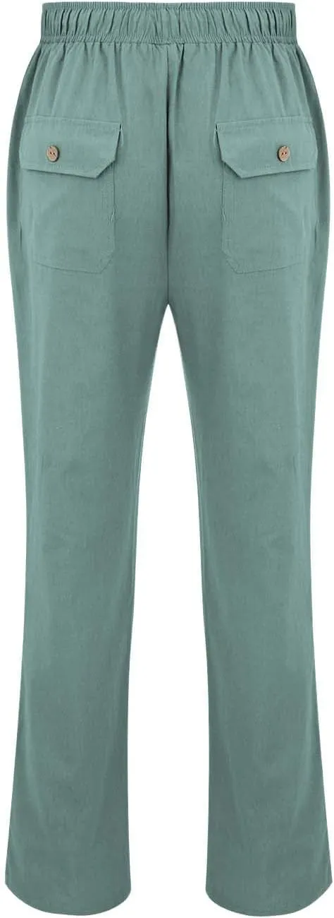 Mens Linen Pants Plus Size Yoga Beach Loose Fit Casual Spring Summer Slacks Elastic Waist Drawstring Baggy Trousers