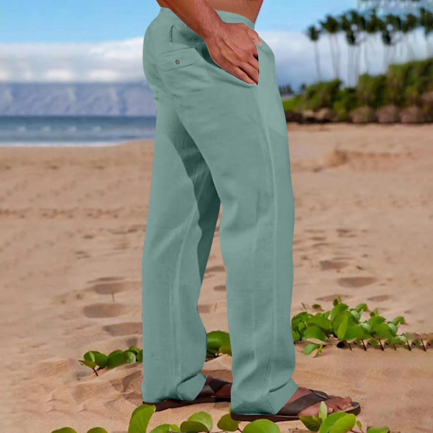 Mens Linen Pants Plus Size Yoga Beach Loose Fit Casual Spring Summer Slacks Elastic Waist Drawstring Baggy Trousers