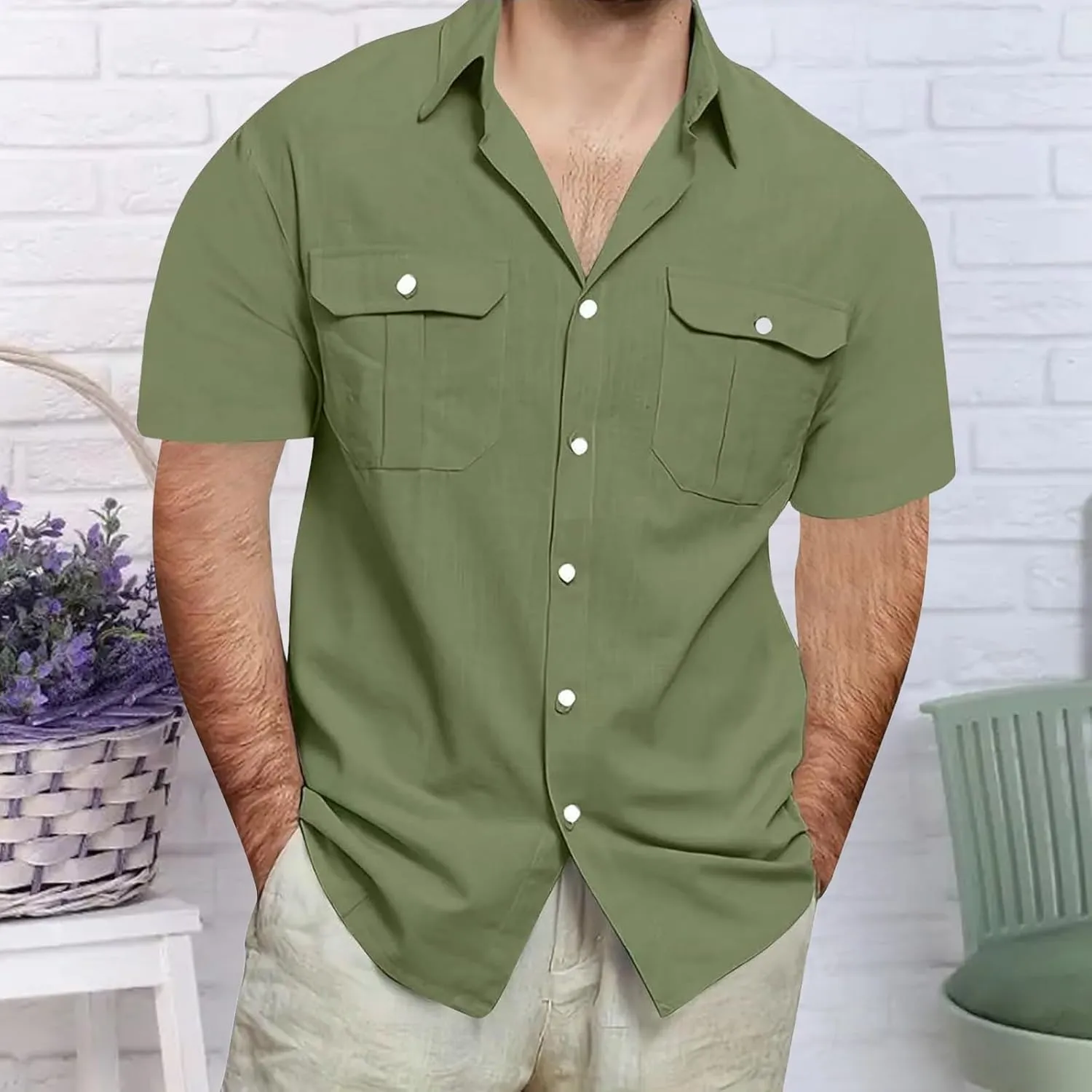 Men's Linen Shirts Casual Button Down Short Sleeve Chambray Shirt Stylish Front Pocket Dress Smart Office Work Blouse