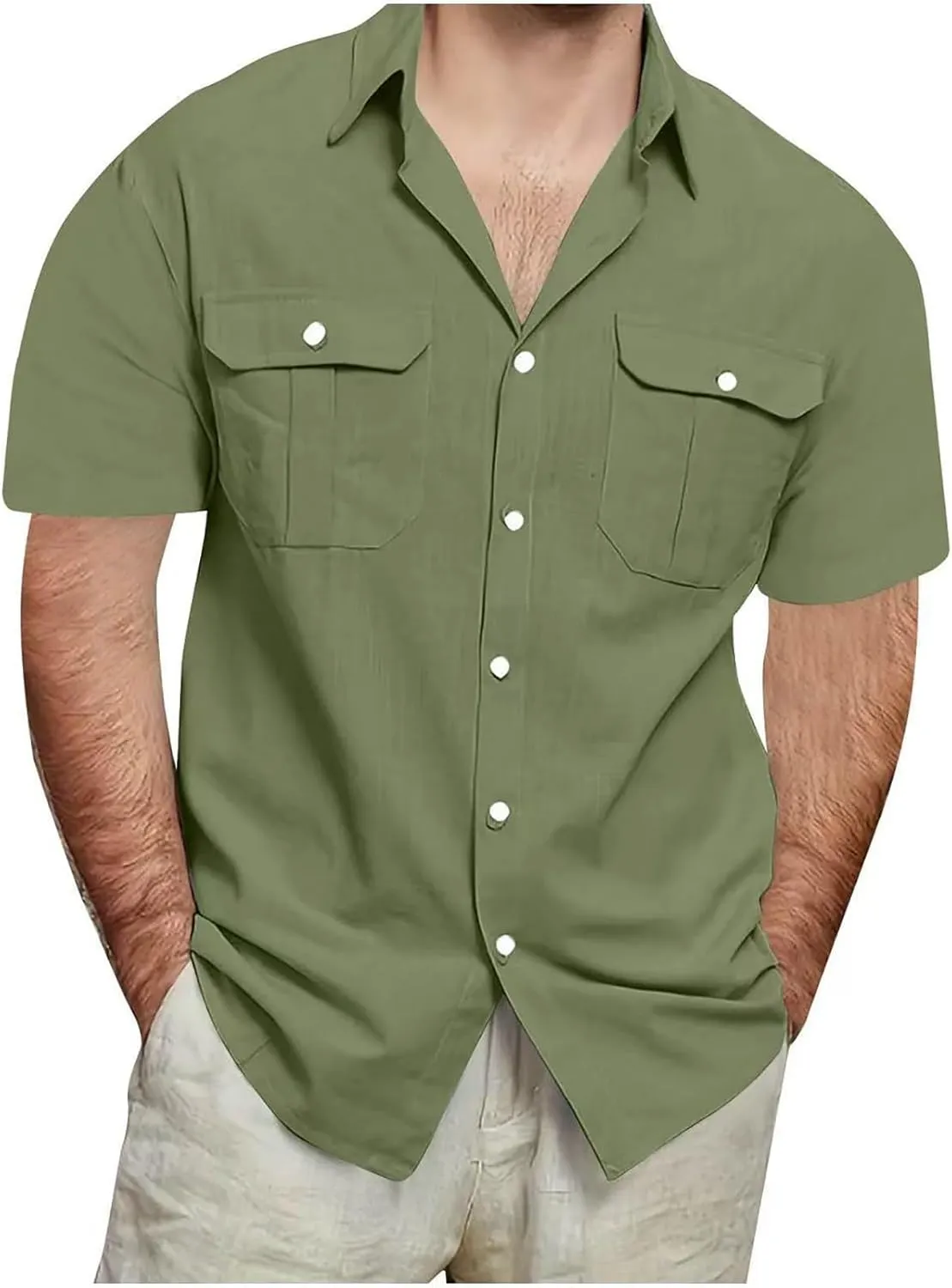 Men's Linen Shirts Casual Button Down Short Sleeve Chambray Shirt Stylish Front Pocket Dress Smart Office Work Blouse