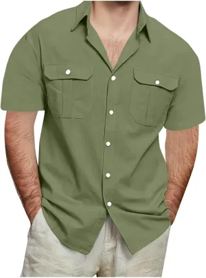 Men's Linen Shirts Casual Button Down Short Sleeve Chambray Shirt Stylish Front Pocket Dress Smart Office Work Blouse