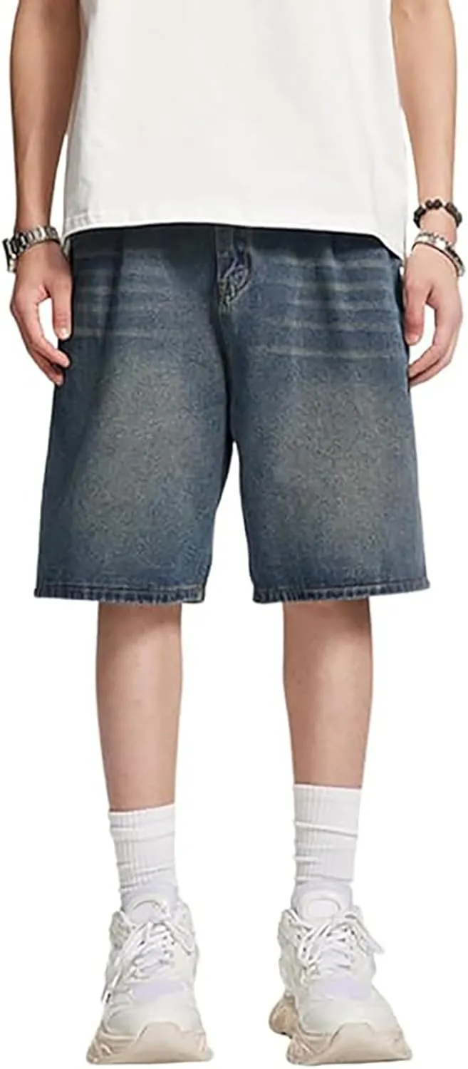 Mens Loose Fit Denim Shorts Baggy Casual Wide Leg Mid Jean Jorts Hip Hop Shorts Streetwear with Pockets