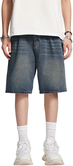 Mens Loose Fit Denim Shorts Baggy Casual Wide Leg Mid Jean Jorts Hip Hop Shorts Streetwear with Pockets