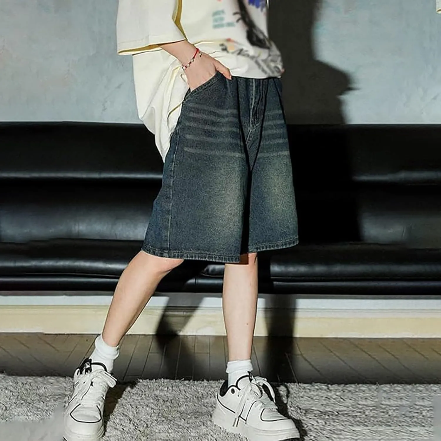Mens Loose Fit Denim Shorts Baggy Casual Wide Leg Mid Jean Jorts Hip Hop Shorts Streetwear with Pockets