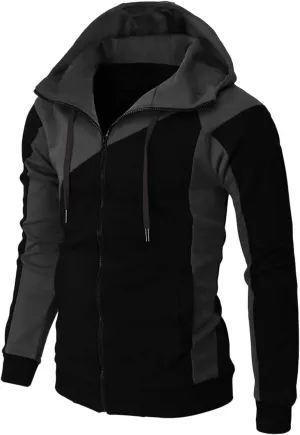 Men's Novelty Patchwork Casual Hoodies Full Zip Long Sleeve Drawstring Athletic Sweatshirts Gym Workout Hooded Jacket