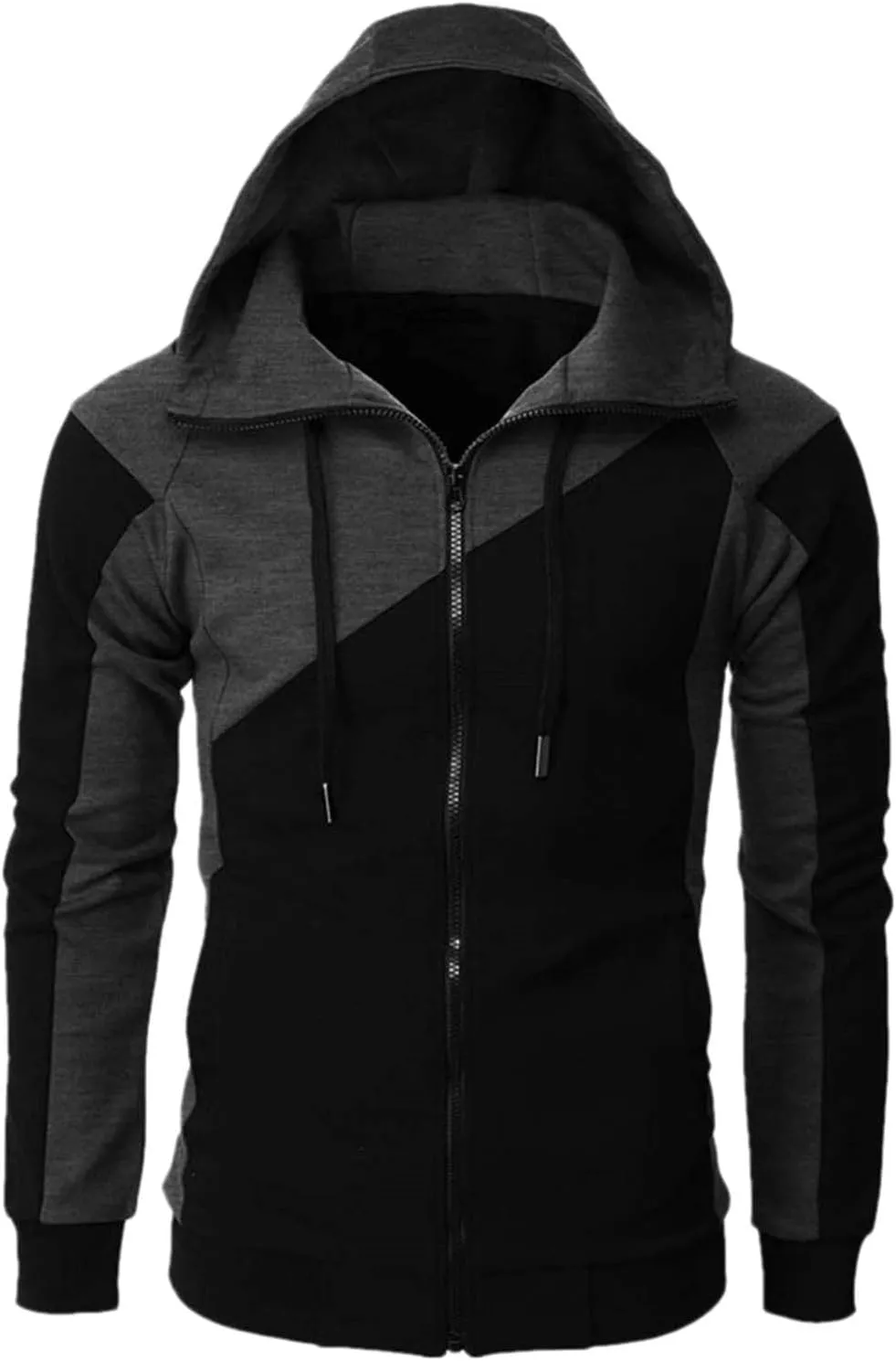 Men's Novelty Patchwork Casual Hoodies Full Zip Long Sleeve Drawstring Athletic Sweatshirts Gym Workout Hooded Jacket