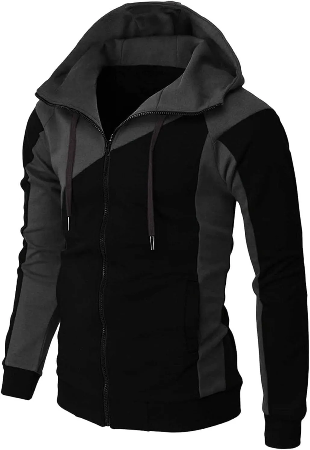 Men's Novelty Patchwork Casual Hoodies Full Zip Long Sleeve Drawstring Athletic Sweatshirts Gym Workout Hooded Jacket
