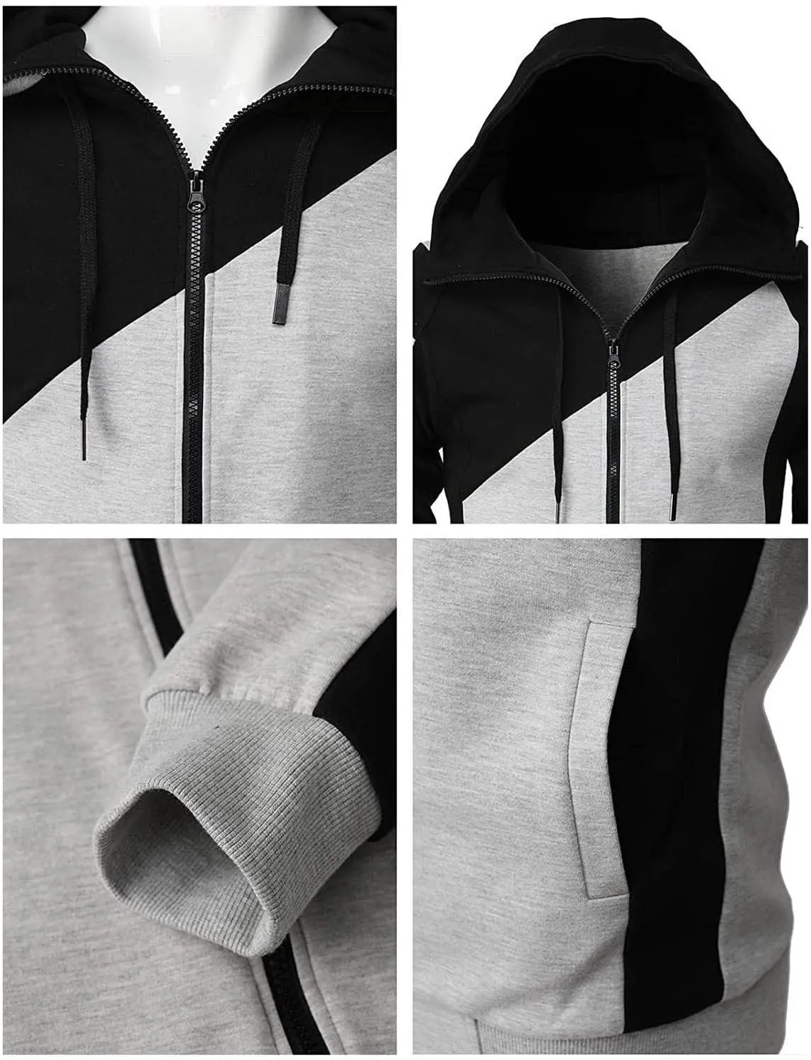 Men's Novelty Patchwork Casual Hoodies Full Zip Long Sleeve Drawstring Athletic Sweatshirts Gym Workout Hooded Jacket