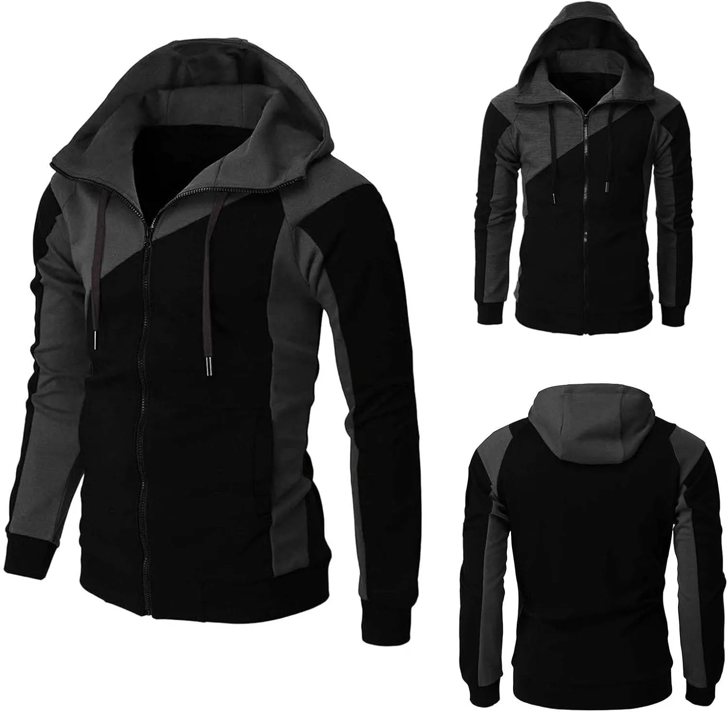 Men's Novelty Patchwork Casual Hoodies Full Zip Long Sleeve Drawstring Athletic Sweatshirts Gym Workout Hooded Jacket