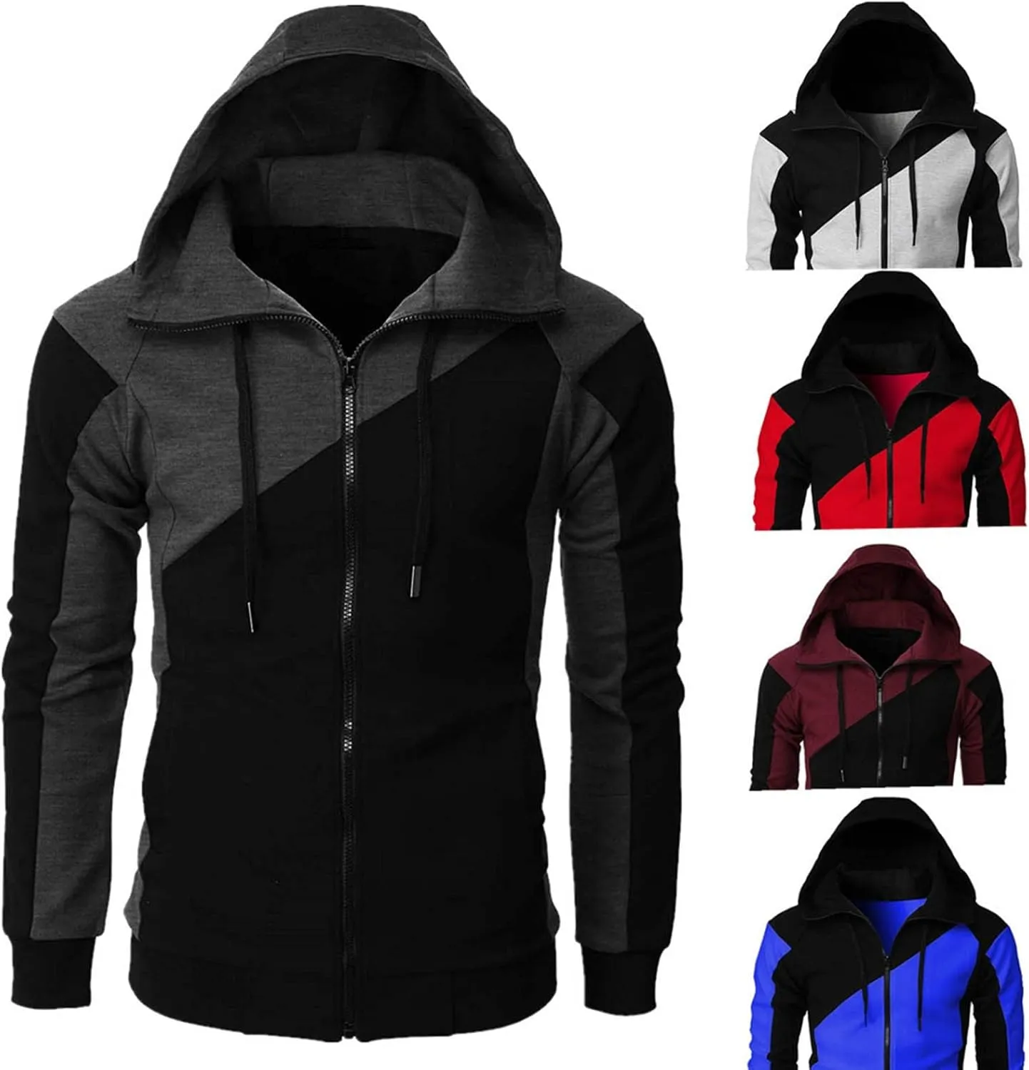 Men's Novelty Patchwork Casual Hoodies Full Zip Long Sleeve Drawstring Athletic Sweatshirts Gym Workout Hooded Jacket