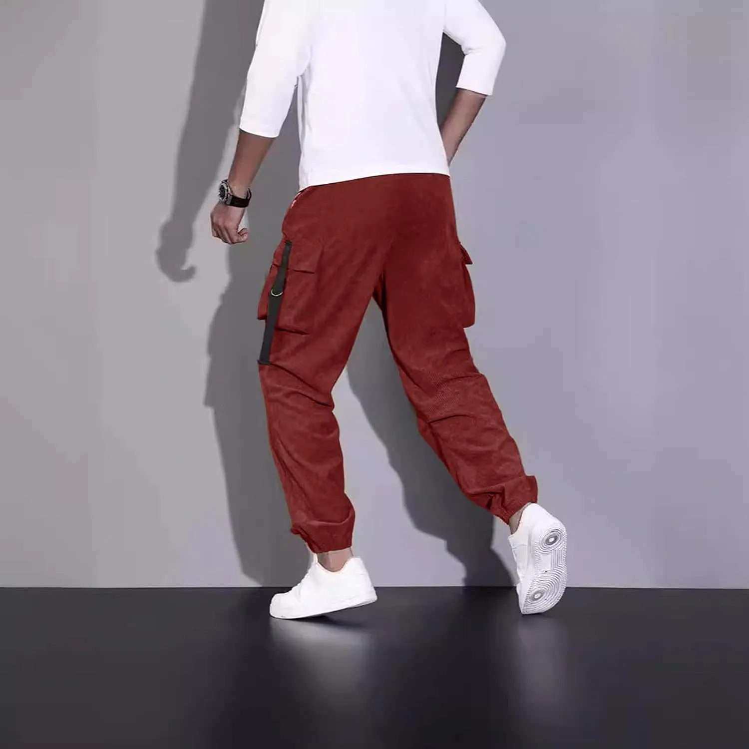 Mens Outdoor Cargo Pants Big and Tall Elastic Waist Pants with Multi-Pocket Slim Drawstring Large Trousers
