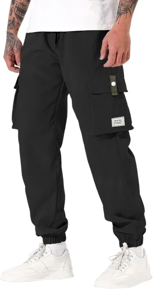 Men's Outdoor Cargo Pants Casual Elastic Waist Pants with Multi-Pocket Loose Drawstring Active Trousers