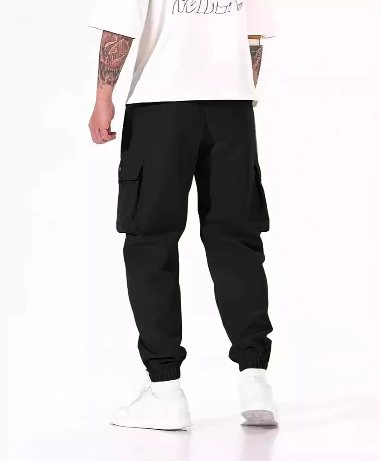 Men's Outdoor Cargo Pants Casual Elastic Waist Pants with Multi-Pocket Loose Drawstring Active Trousers