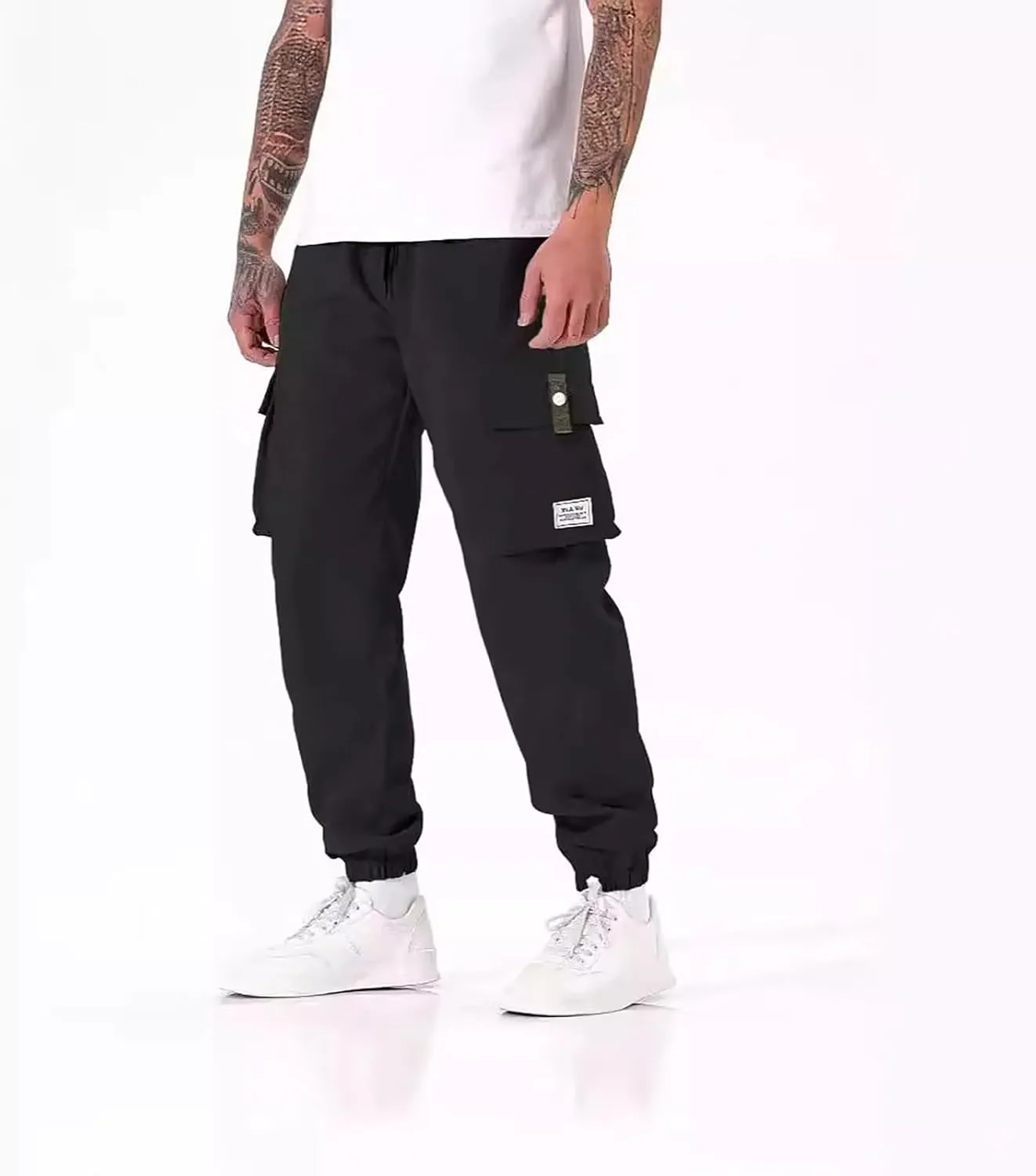 Men's Outdoor Cargo Pants Casual Elastic Waist Pants with Multi-Pocket Loose Drawstring Active Trousers