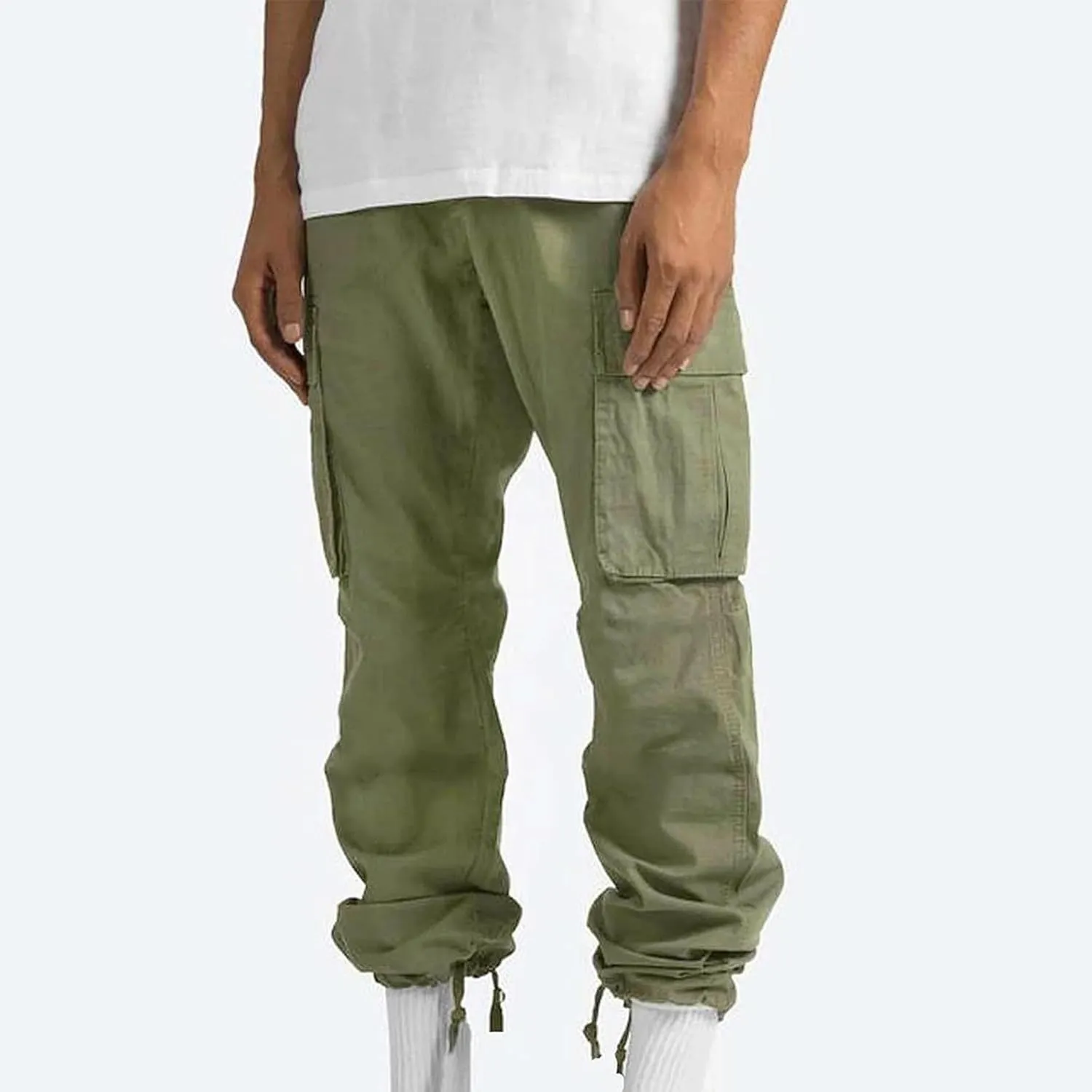 Mens Pants Casual Cotton Multi Pockets Solid Plush Thickened Cargo Pants Performance Utility Trousers Sweatpants