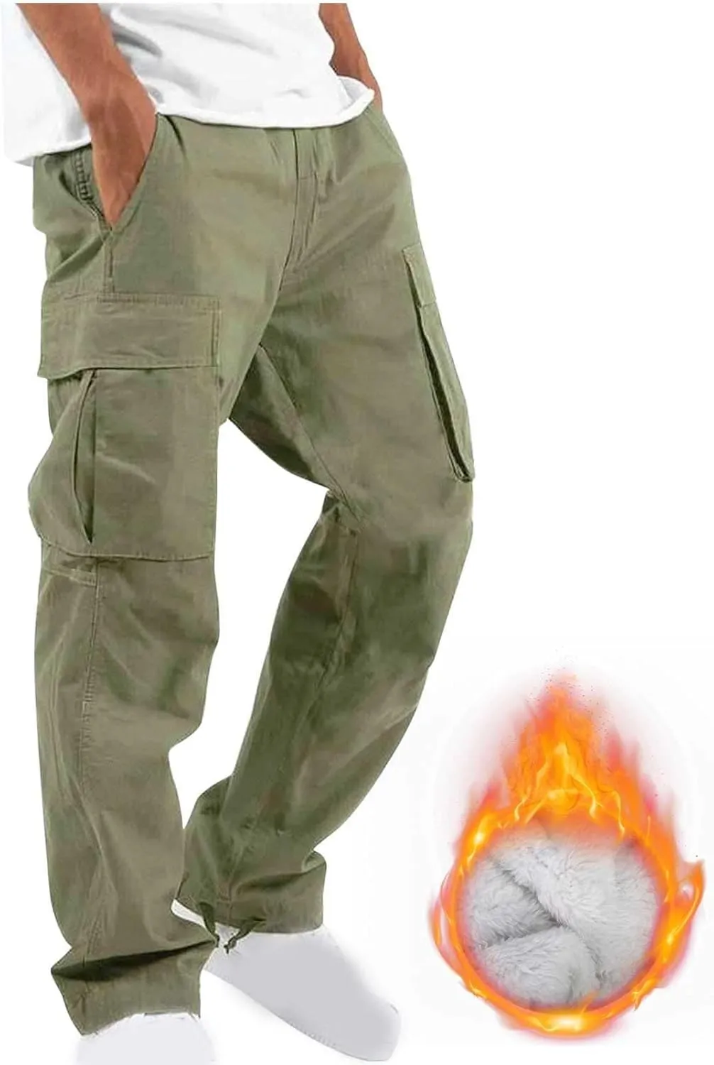 Mens Pants Casual Cotton Multi Pockets Solid Plush Thickened Cargo Pants Performance Utility Trousers Sweatpants