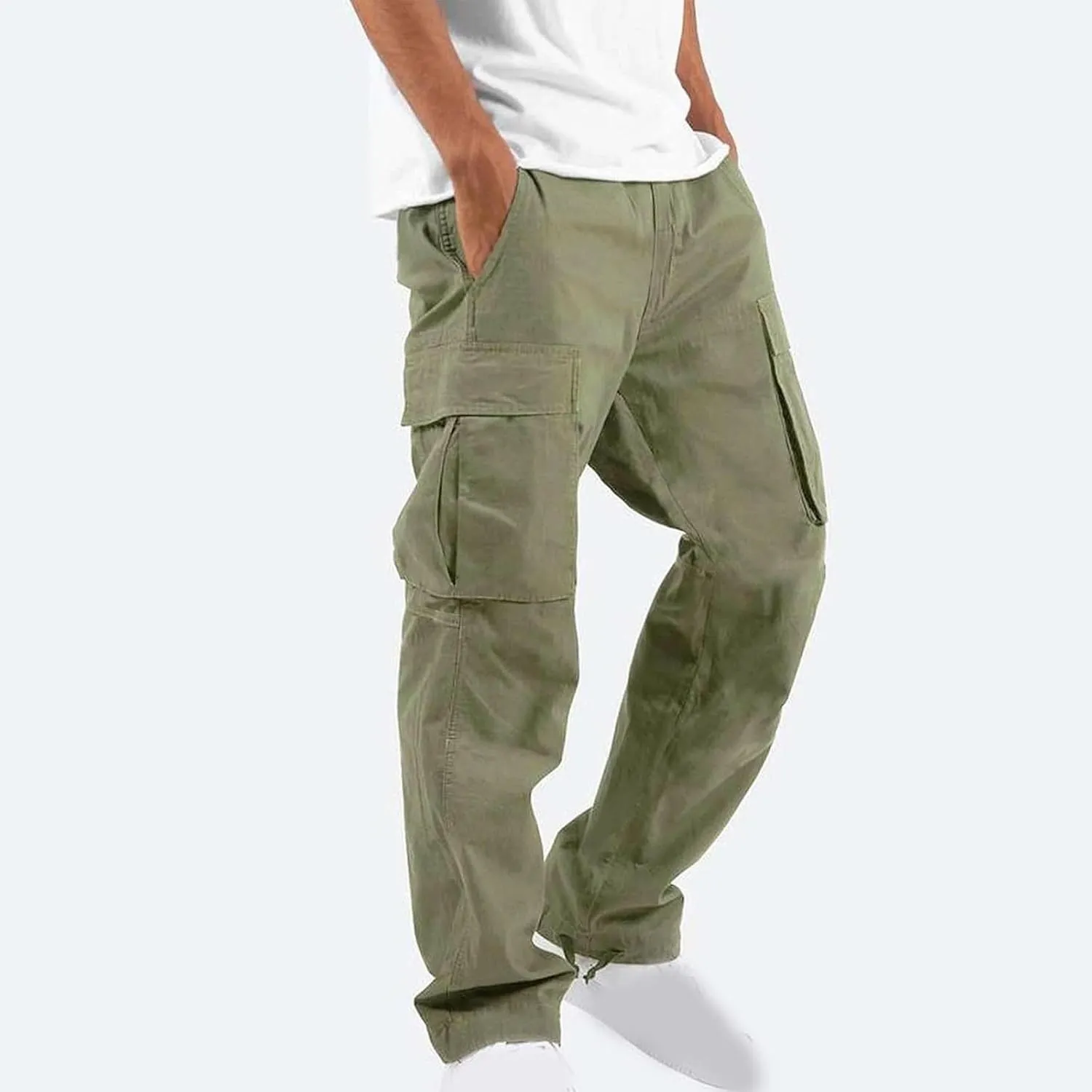 Mens Pants Casual Cotton Multi Pockets Solid Plush Thickened Cargo Pants Performance Utility Trousers Sweatpants