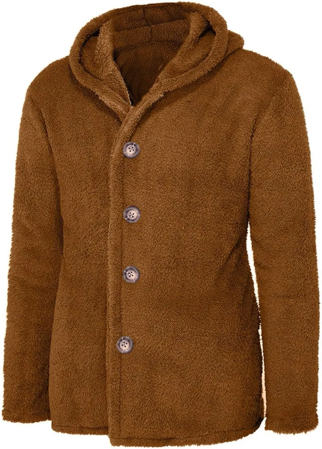 Men's Plush Warm Jacket Coat Button Fluffy Furry Soft Hooded Jacket Outerwear Casual Solid Color Long Sleeve Coat