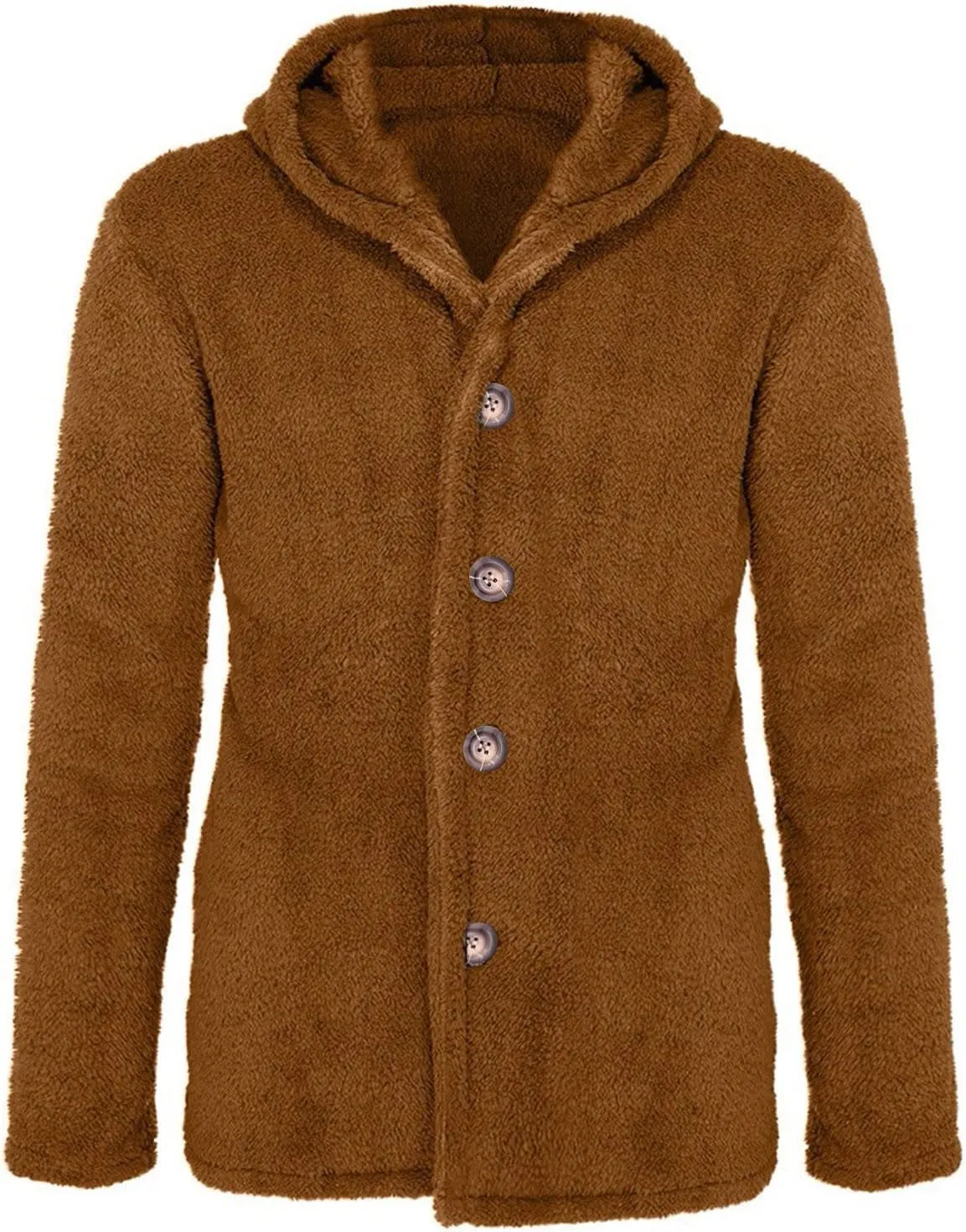 Men's Plush Warm Jacket Coat Button Fluffy Furry Soft Hooded Jacket Outerwear Casual Solid Color Long Sleeve Coat