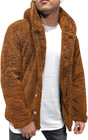 Men's Plush Warm Jacket Coat Button Fluffy Furry Soft Hooded Jacket Outerwear Casual Solid Color Long Sleeve Coat