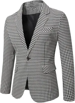 Mens Premium Houndstooth Dogstooth Plaid Suit Jacket Slim Fit One Button Sport Coats Tuxedo for Prom Wedding Groom