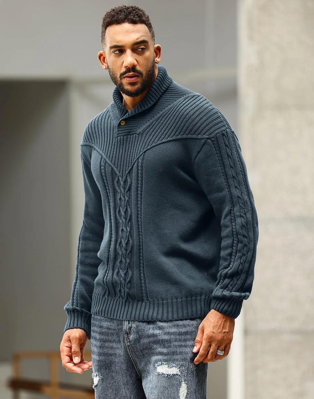 Men's Shawl Collar Pullover Sweater Casual Button Cable Knit Sweaters