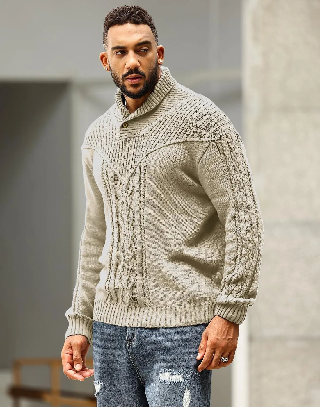Men's Shawl Collar Pullover Sweater Casual Button Cable Knit Sweaters