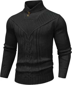 Men's Shawl Collar Pullover Sweater Casual Button Cable Knit Sweaters