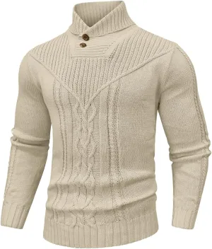 Men's Shawl Collar Pullover Sweater Casual Button Cable Knit Sweaters