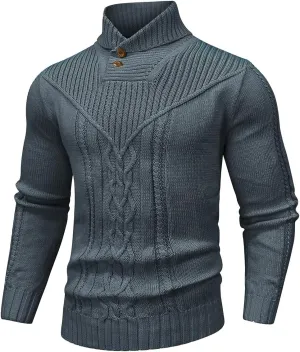 Men's Shawl Collar Pullover Sweater Casual Button Cable Knit Sweaters