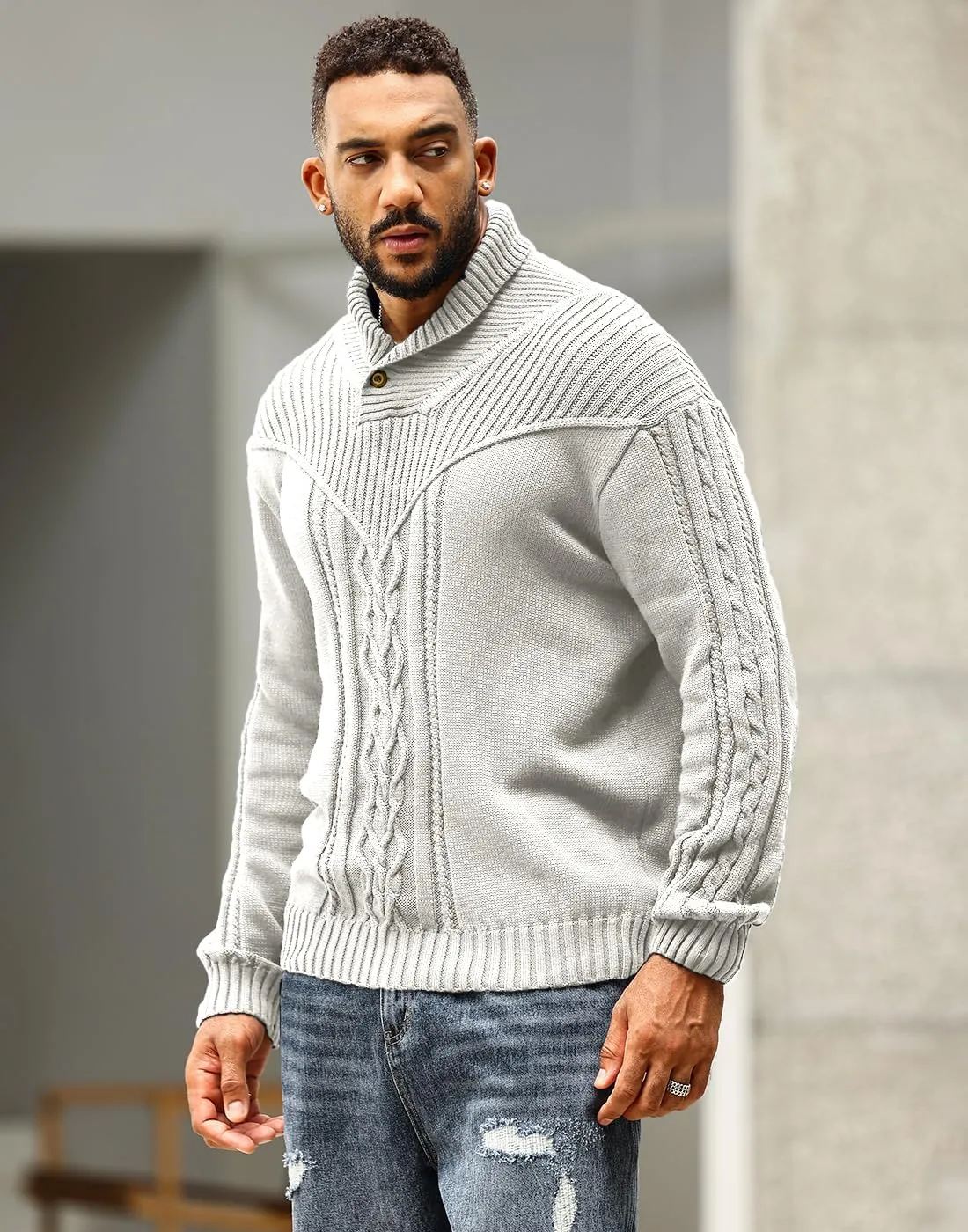 Men's Shawl Collar Pullover Sweater Casual Button Cable Knit Sweaters