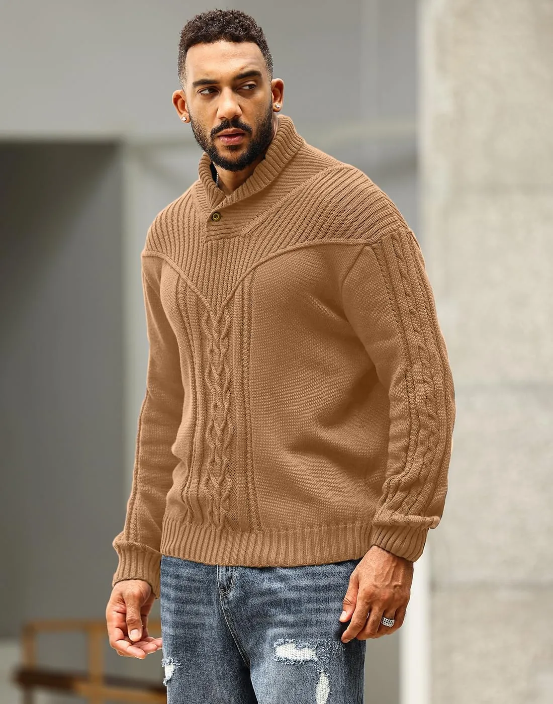 Men's Shawl Collar Pullover Sweater Casual Button Cable Knit Sweaters