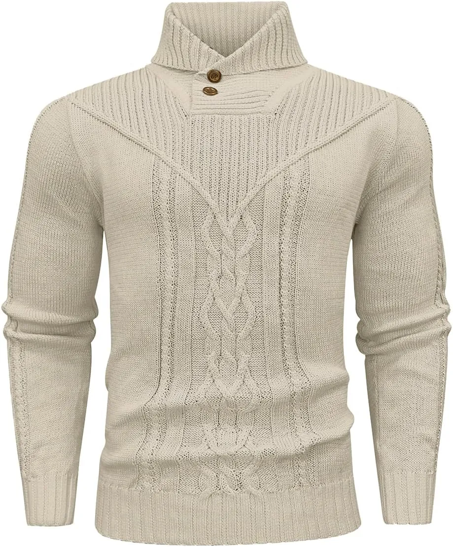 Men's Shawl Collar Pullover Sweater Casual Button Cable Knit Sweaters