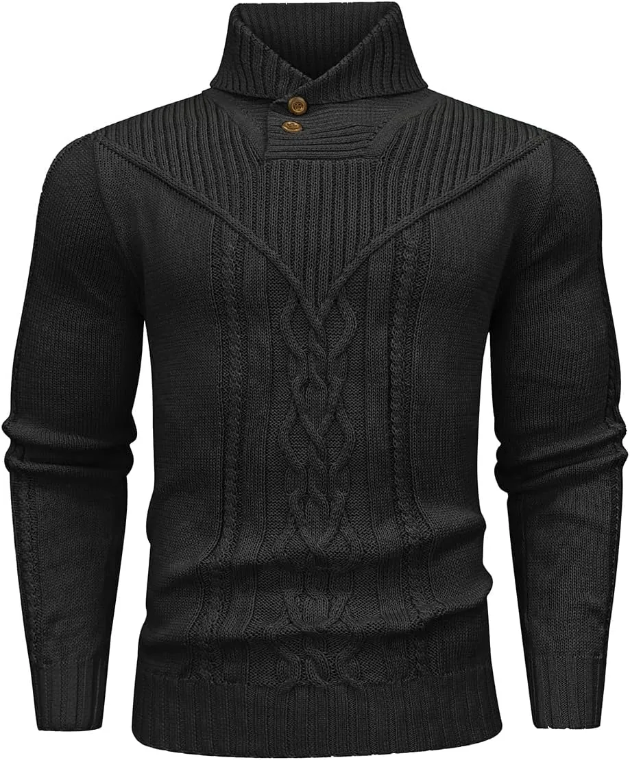 Men's Shawl Collar Pullover Sweater Casual Button Cable Knit Sweaters