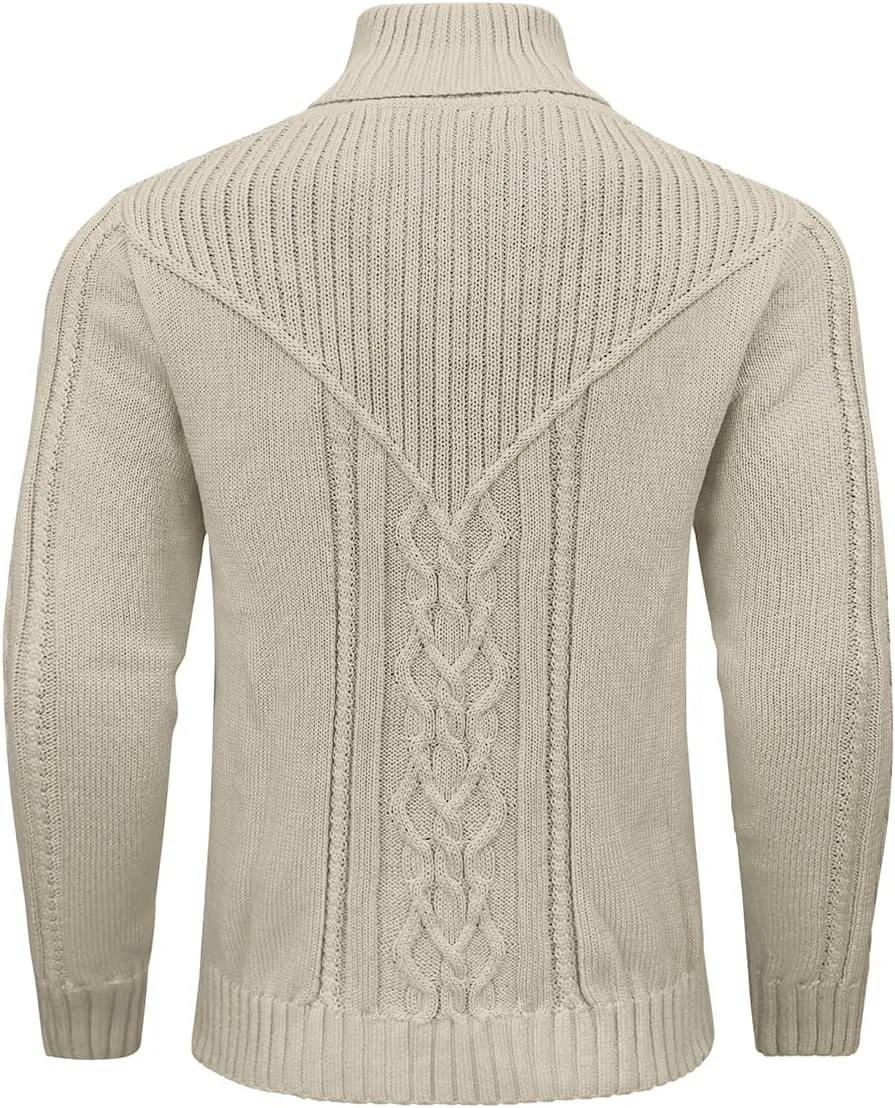 Men's Shawl Collar Pullover Sweater Casual Button Cable Knit Sweaters