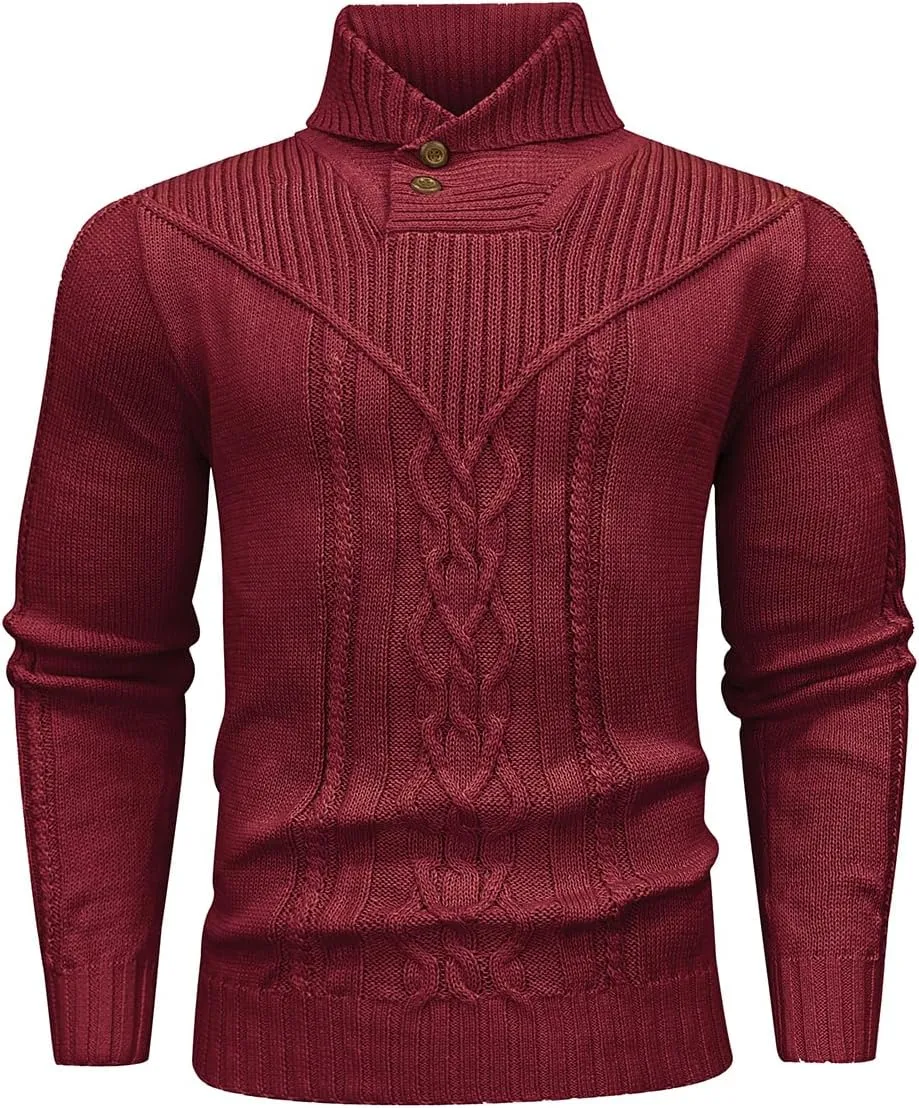 Men's Shawl Collar Pullover Sweater Casual Button Cable Knit Sweaters