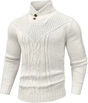 Men's Shawl Collar Pullover Sweater Casual Button Cable Knit Sweaters