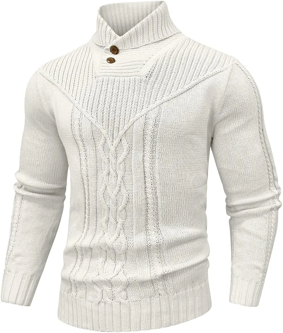 Men's Shawl Collar Pullover Sweater Casual Button Cable Knit Sweaters