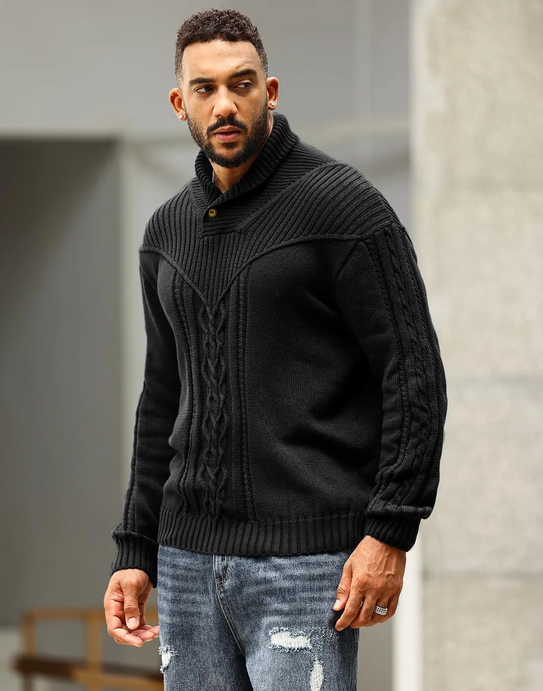 Men's Shawl Collar Pullover Sweater Casual Button Cable Knit Sweaters