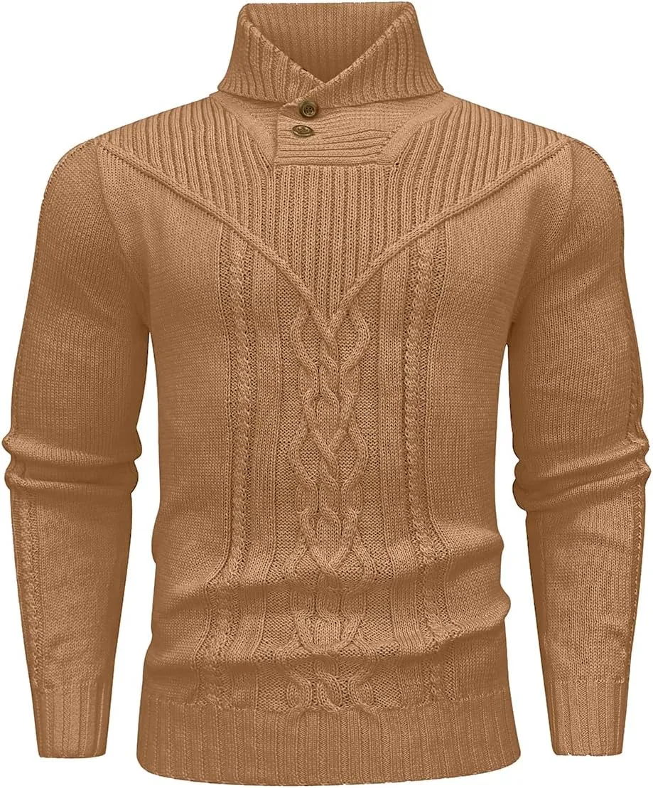 Men's Shawl Collar Pullover Sweater Casual Button Cable Knit Sweaters