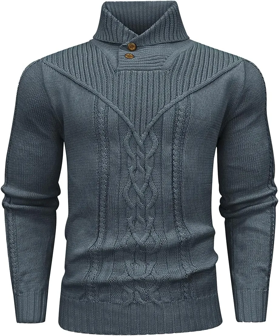 Men's Shawl Collar Pullover Sweater Casual Button Cable Knit Sweaters