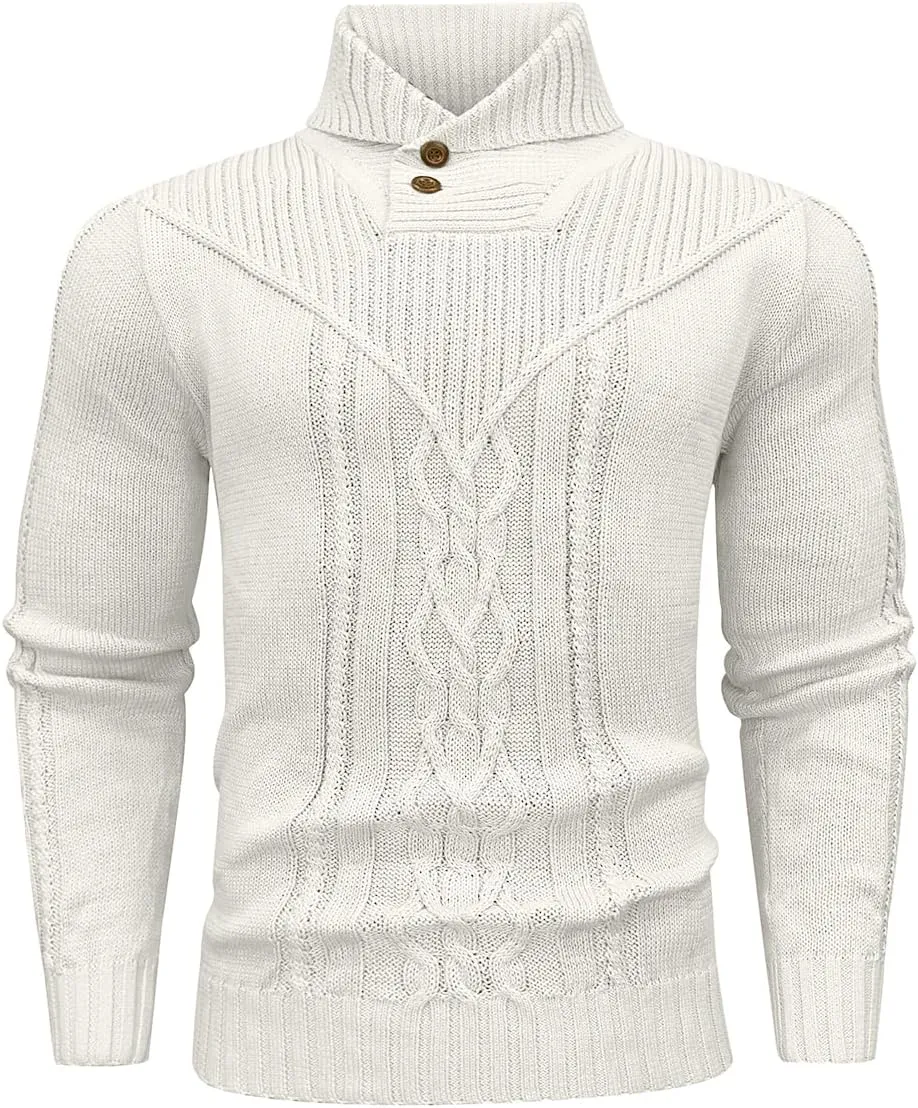 Men's Shawl Collar Pullover Sweater Casual Button Cable Knit Sweaters