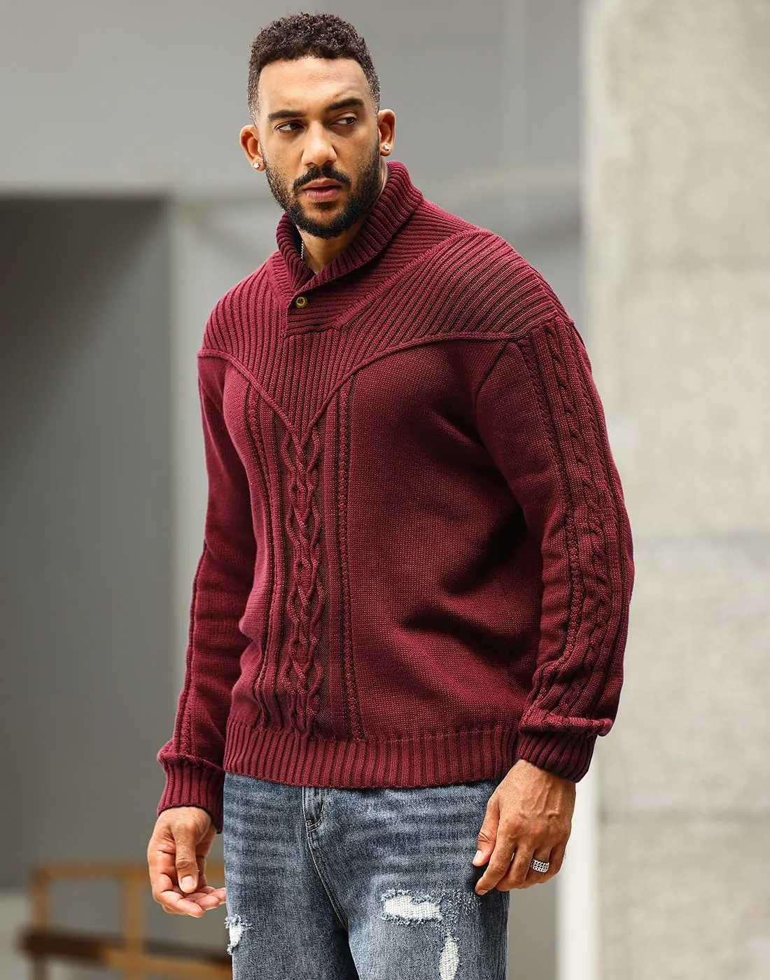 Men's Shawl Collar Pullover Sweater Casual Button Cable Knit Sweaters