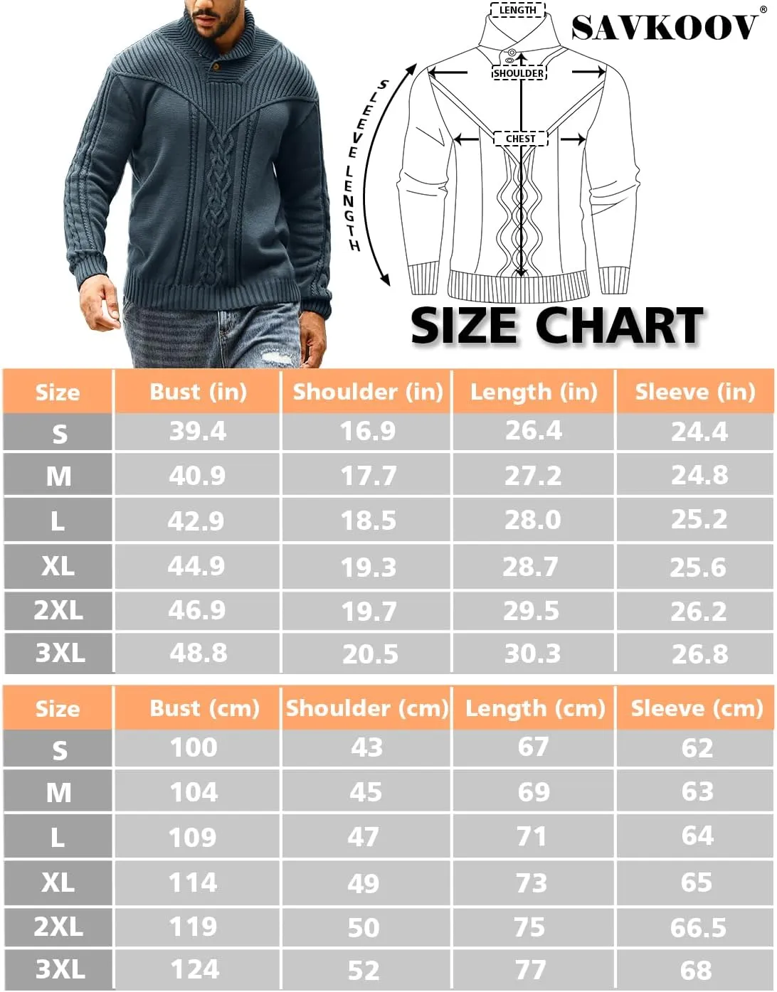 Men's Shawl Collar Pullover Sweater Casual Button Cable Knit Sweaters