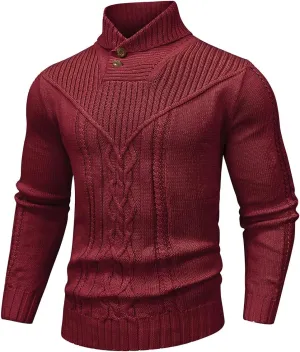 Men's Shawl Collar Pullover Sweater Casual Button Cable Knit Sweaters