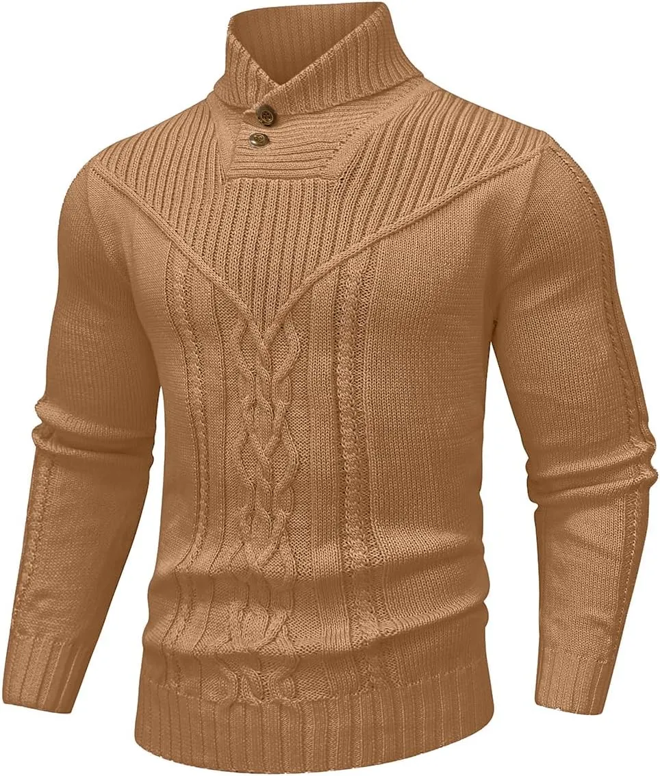 Men's Shawl Collar Pullover Sweater Casual Button Cable Knit Sweaters