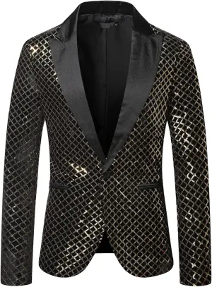 Men's Shiny Suit Jacket Sequin Beaded Blazer Slim Fit Dress Coat One Button Tuxedo for Party Wedding Prom Dinner Gold